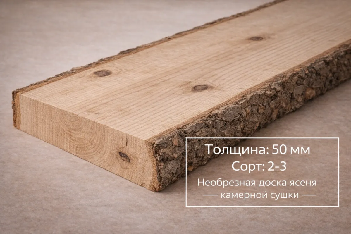 Необрезная доска ясеня камерной сушки 50 мм 2-3 сорта