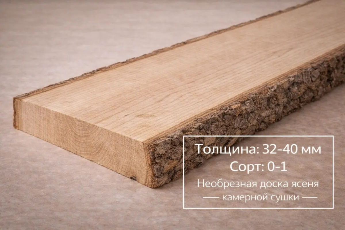 Необрезная доска ясеня камерной сушки 32-40 мм 0-1 сорта