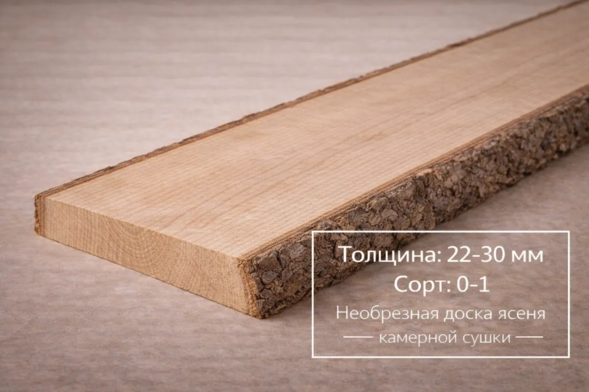 Необрезная доска ясеня камерной сушки 22-30 мм 0-1 сорта