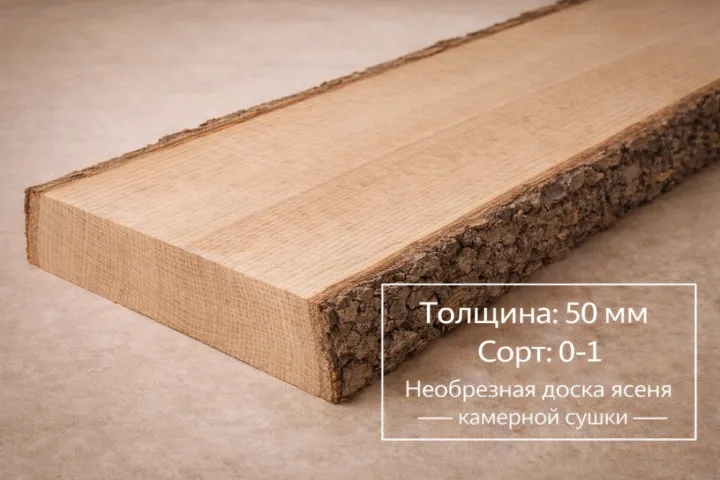 Необрезная доска ясеня камерной сушки 50 мм 0-1 сорта