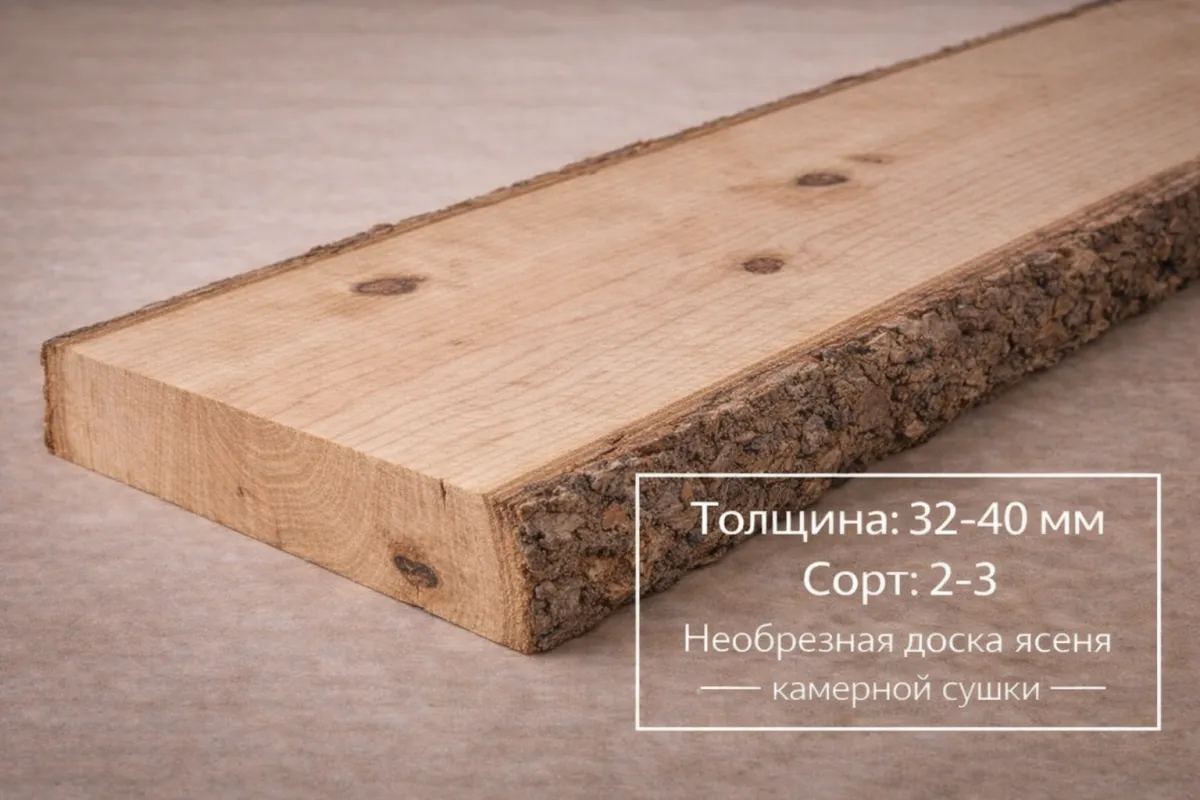 Необрезная доска ясеня камерной сушки 32-40 мм 2-3 сорта